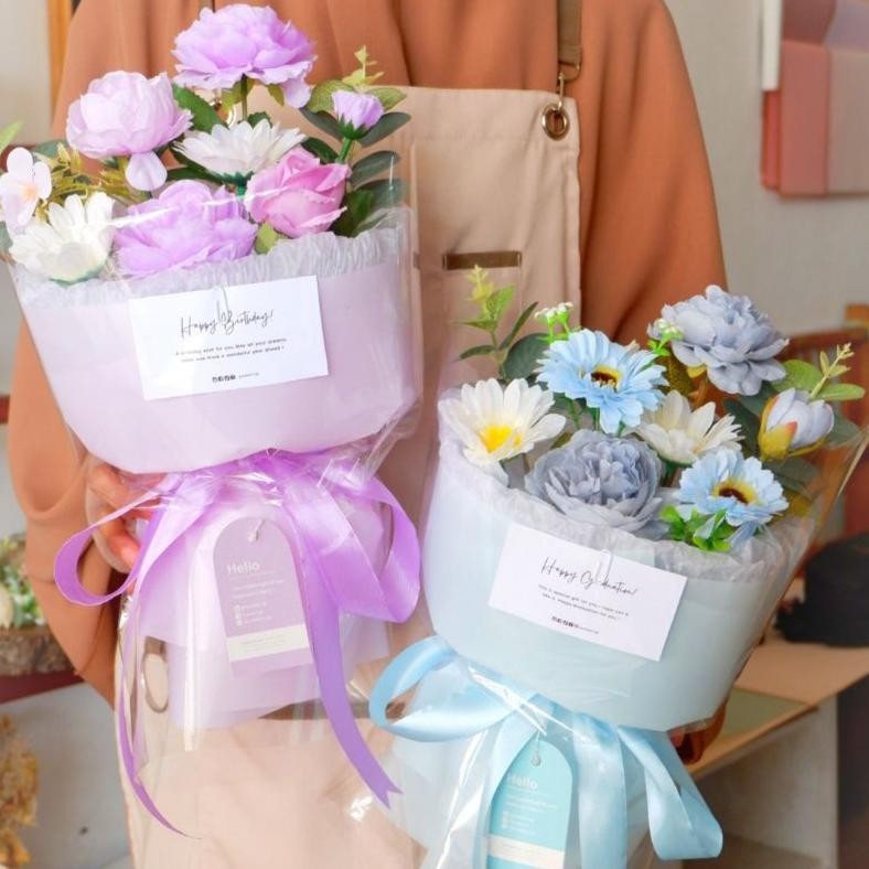 Promo Akhir Tahun Buket Bunga Premium Tweed Round Russian Style, Artificial Flowers & Aestethic Bouq