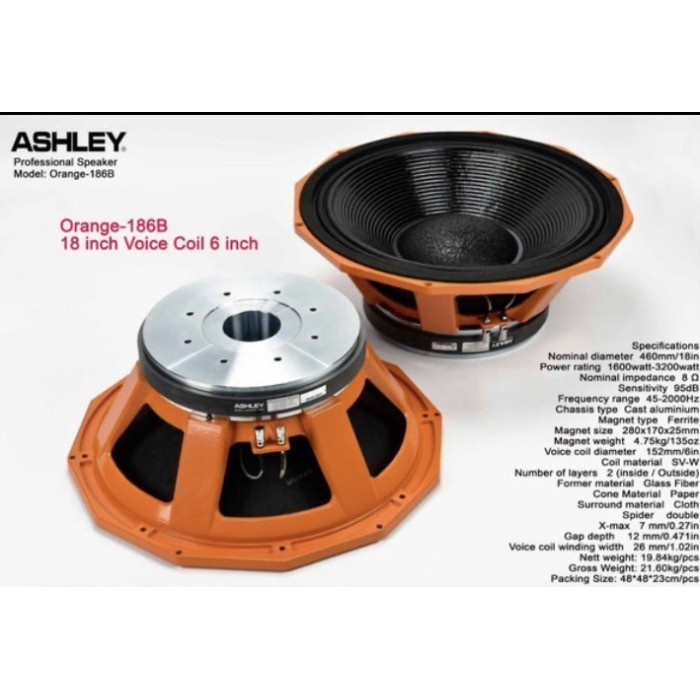 COMPONENT KOMPONEN SPEAKER ASHLEY ORANGE 186B 18 INCH SUBWOOFER VC 6"