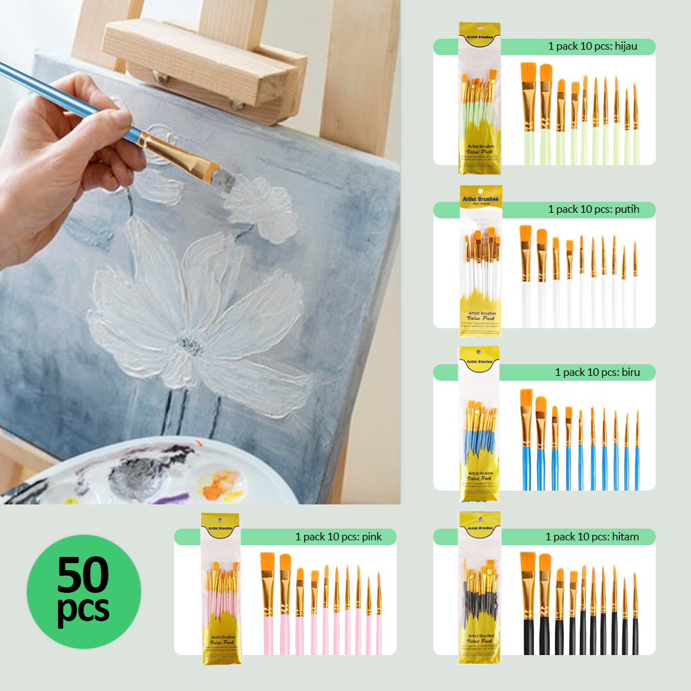 

KAIKKI 50PCS10*5Paint Brush Set Kuas Lukis Akrilik Bulu Nilon Cat Air / nyak Set Paintbrush Ujung