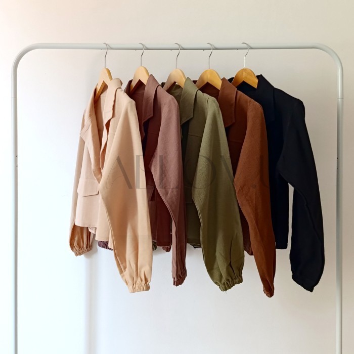 READY Earth Tone Linen Blazer Crop Kemeja Blazer Linen Wanita