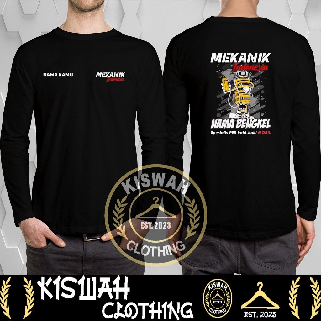 Kaos Tshirt Mekanik Indonesia Spesialis Per Kaki-kaki Mobil Gratis Nama Kamu dan Nama Bengkel Lengan