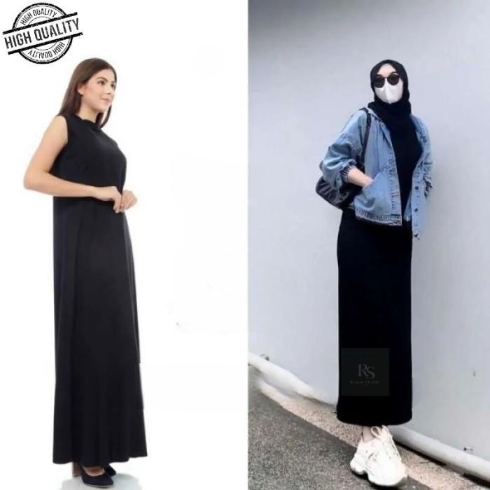 BISA COD - INNER DRESS TANPA LENGAN MANSET GAMIS BUNTUNG PUTIH HITAM