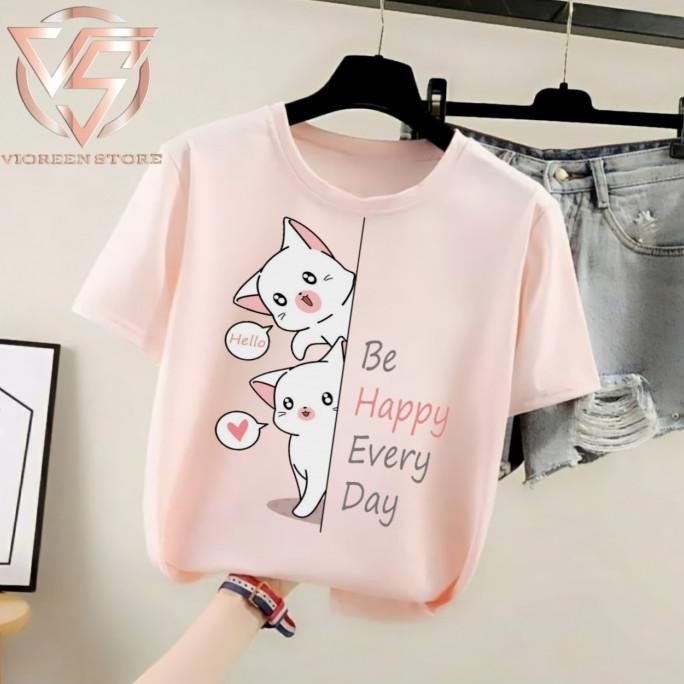 Hot - BAJU CEWEK KAOS KATUN CEWEK BE HAPPY S-M-L-XL-XXL-3XL-4XL - Putih, S ..