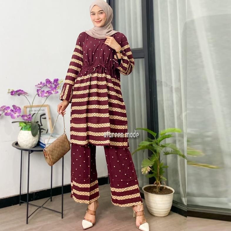 MILIKI SET TUNIK ALMINA TALI SERUT SETELAN KEKINIAN MODERN DAILY SET WANITA CELANA PANJANG SETELAN T