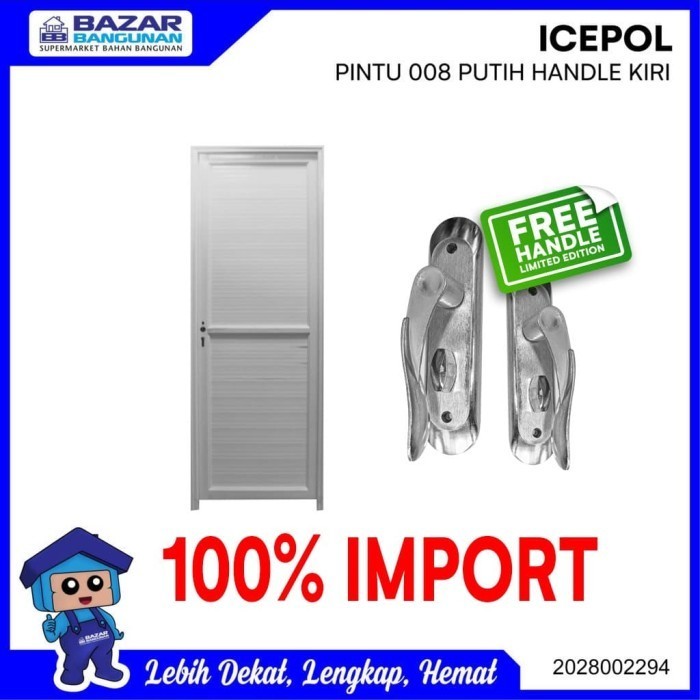 Terlaris PINTU KAMAR MANDI WC ICEPOL 008 WHITE ALUMINIUM HANDLE KIRI