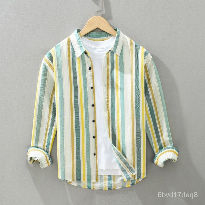 Men's Linen Color Striped Shirt Japanese Leisure Trendy Cotton Linen Fabric Shirt Coat Shirt Men's C