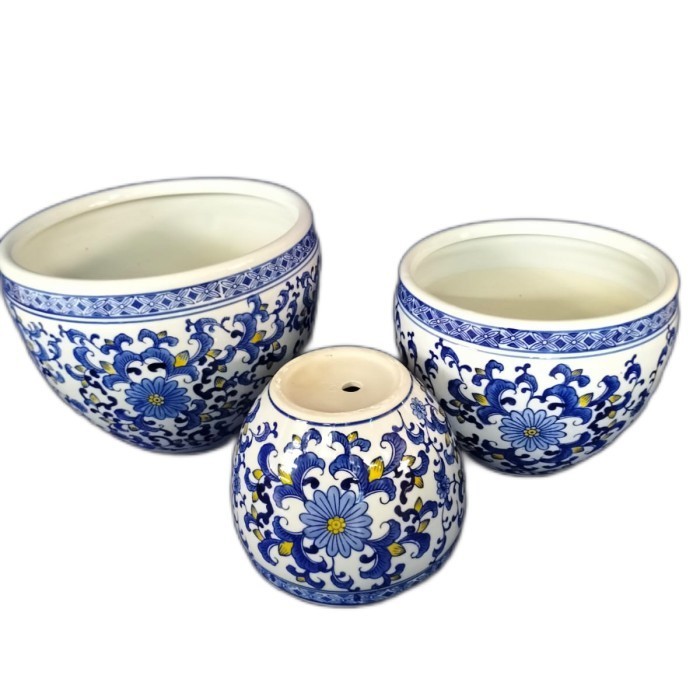 POT TANAMAN ROUND VIENS KERAMIK BIRU PUTIH 1SET BESAR