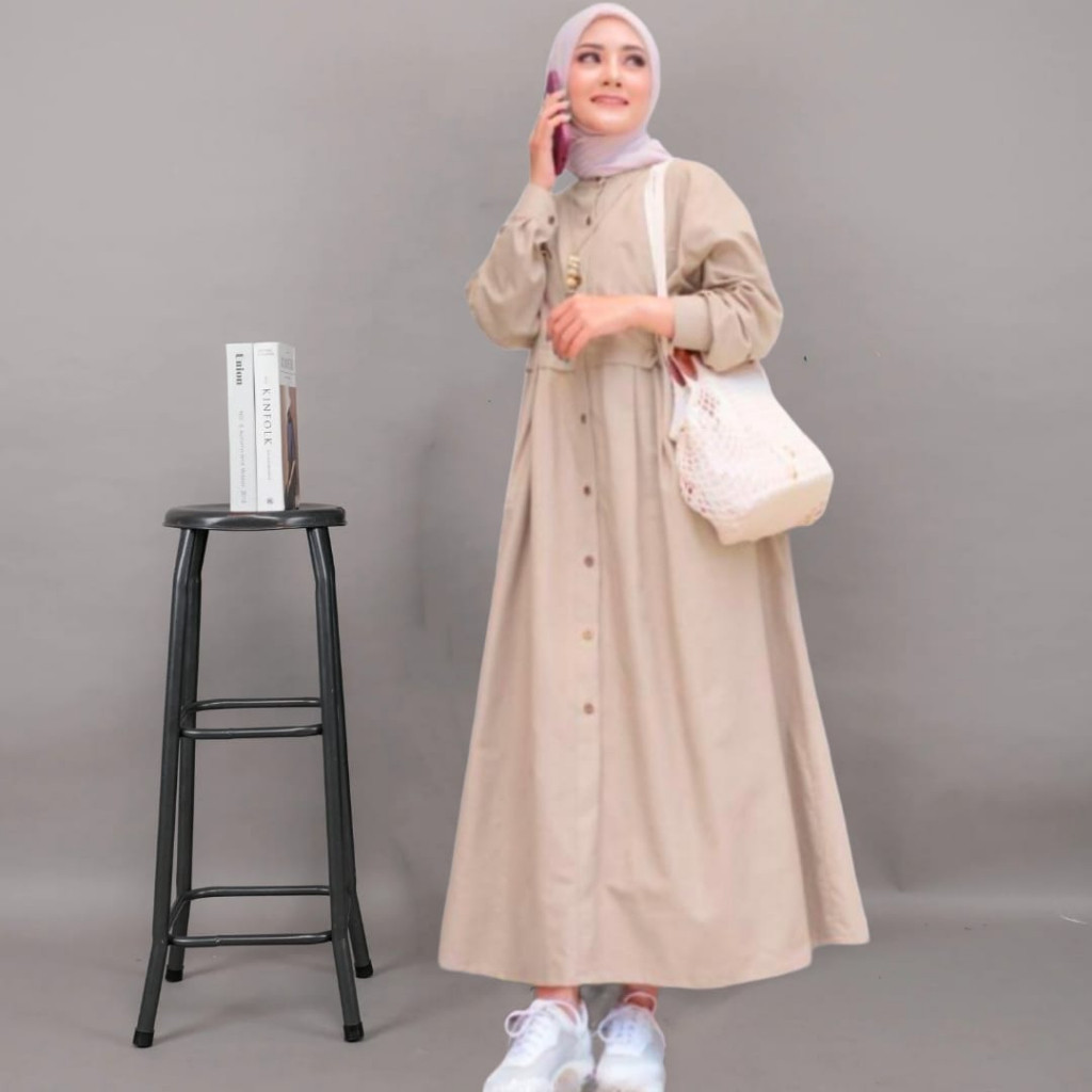 [LOOK STYLISH] Midi Dress Polos Gamis Wanita Outfit Remaja ABG Bahan Katun Linen Rami Kancing Aktif