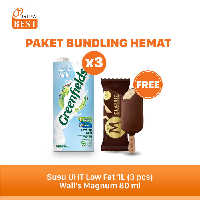 Paket Susu Greenfields UHT Low Fat 1L x 3pcs FREE Ice Cream Magnum