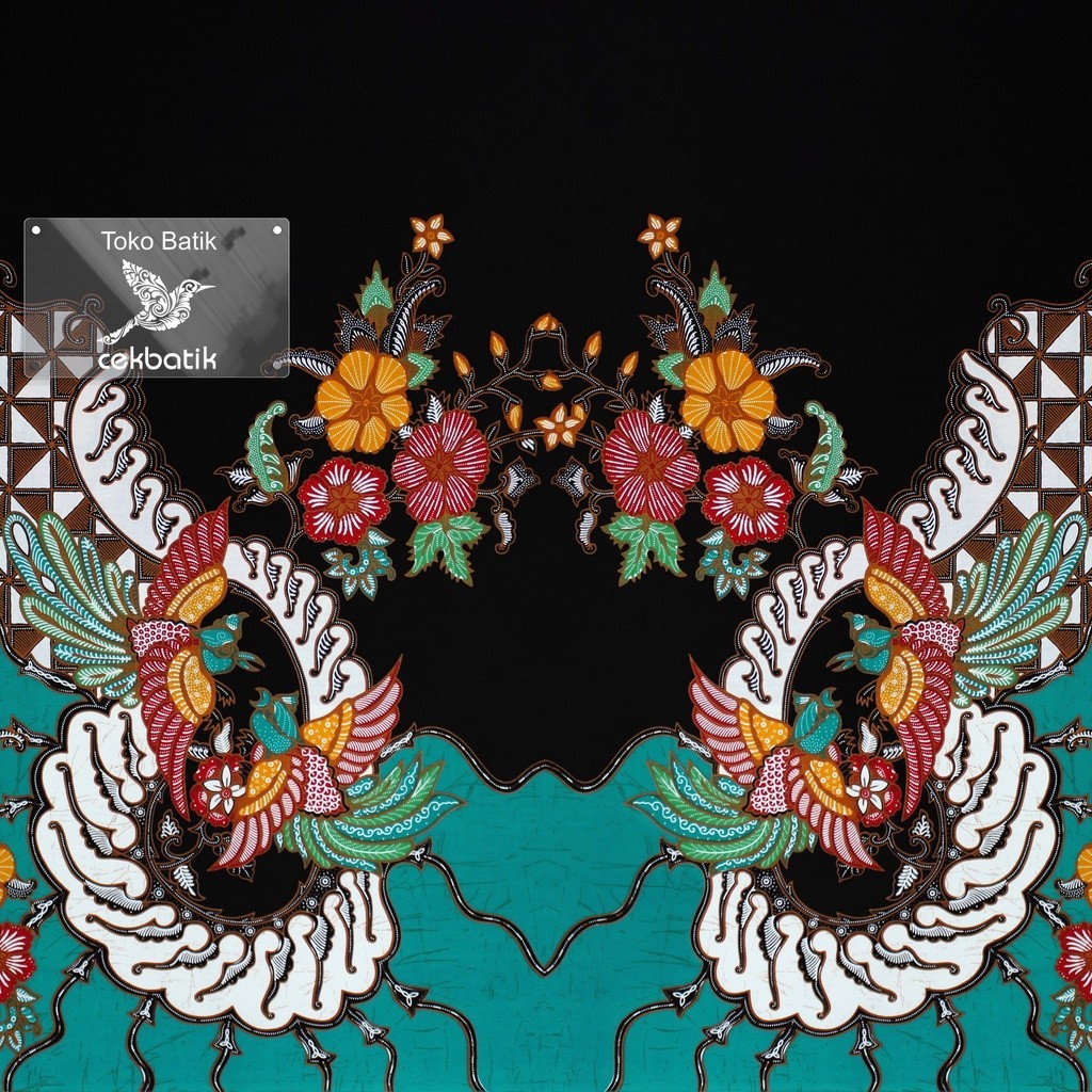 kain batik - Motif Bunga Burung Kembar Oriental Warna Dasar Hitam V5 (Tosca)