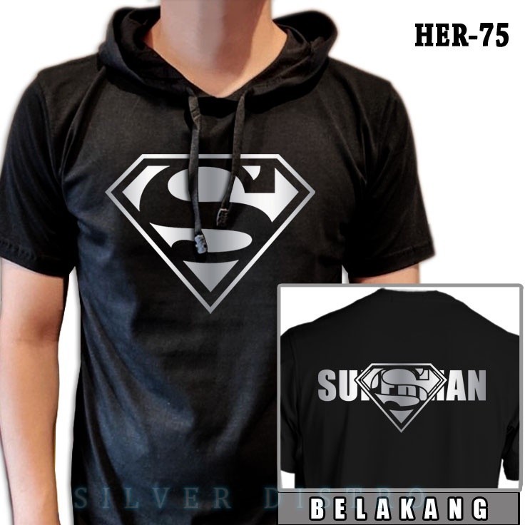 [ONLINE EXCLUSIVE] Kaos Superman Hoodie Dewasa Logo Lama Silver Superhero HER-75 Baju Distro Premium