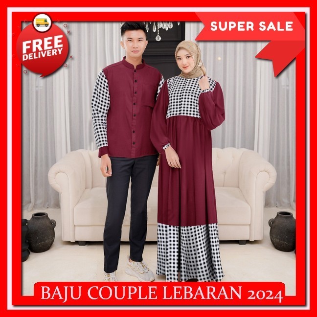 0 Couple Damara Moscrepe Komby Katun Kotak-Kotak | Baju Pasangan Remaja Dewasa Muslim Gamis Busui Ke