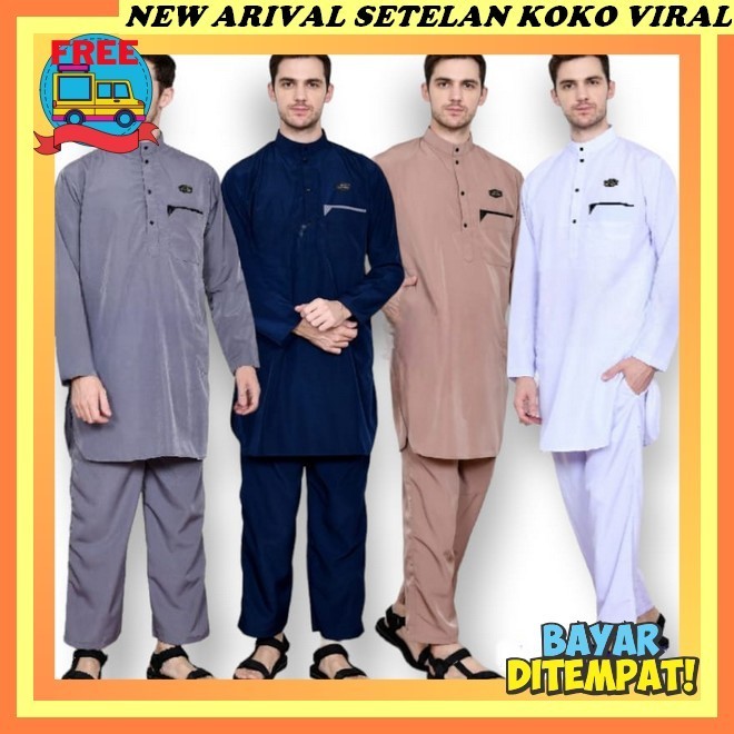 Baju Koko Kurta Lebaran Terbaru 2024 Dewasa Santri Polos Kekinian Satuset Busana Muslim Lengan Pende