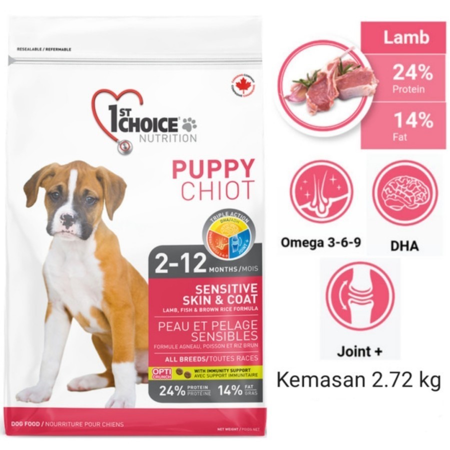makanan anjing dog food 1st choice puppy sensitive skin coat, lamb