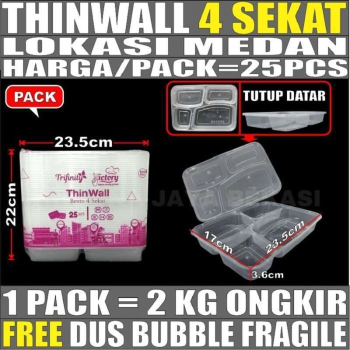 

{{{{{{] Thinwall 4 Sekat Tutup Datar /4 sekat Cembung Pack Bento Plastik Medan