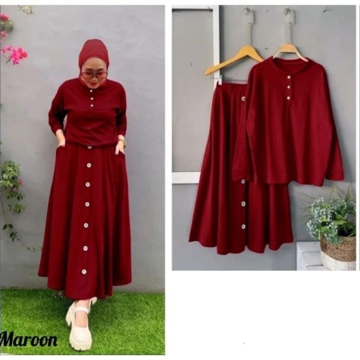 Setelan Rok Wanita Jumbo Kancing Hidup Busui Set Ootd Muslim Kekinian