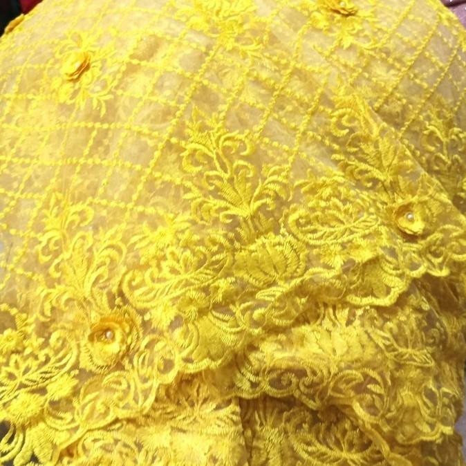 Model baru - 50cm Kain Tile Tulle 3D Bordir timbul Kebaya Brokat kuning Yellow - Kuning ~