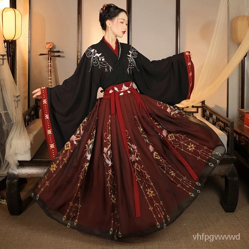 Chinese Traditional Hanfu Black Red Costume Woman Ancient Dress Oriental Princess Dress Elegance Tan