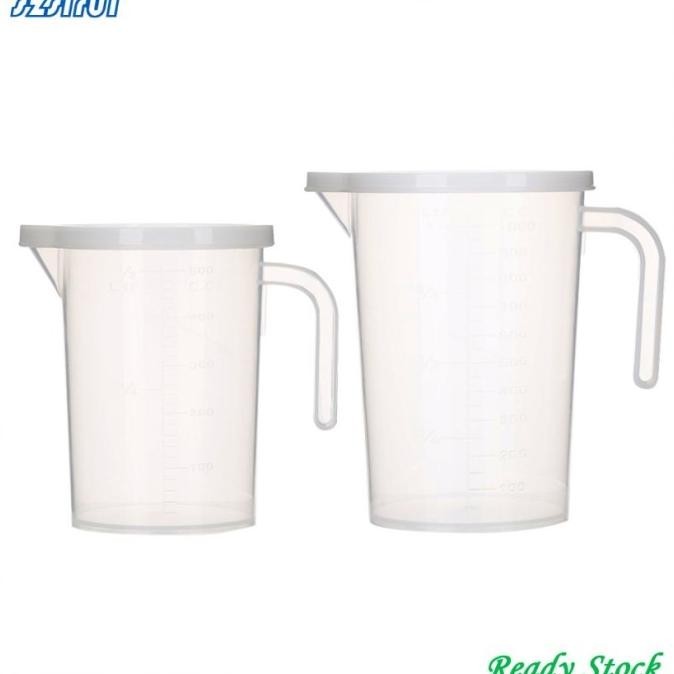 Gelas Ukur Bahan Plastik Bening 500ml / 1000ml Dengan Tutup