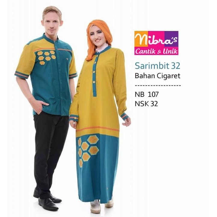 New Sale Baju Muslim Couple Nibras Sarimbit 32 Bhan Et Kuning-Toska Bordir Berkualitas