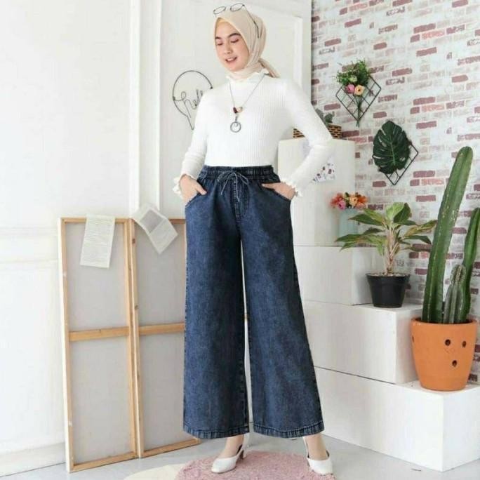 New - CELANA KULOT WANITA /KULOT JEANS LIPAT-CELANA JEANS WANITA-KULOT JUMBO - Hitam snow, MEDIUM ~