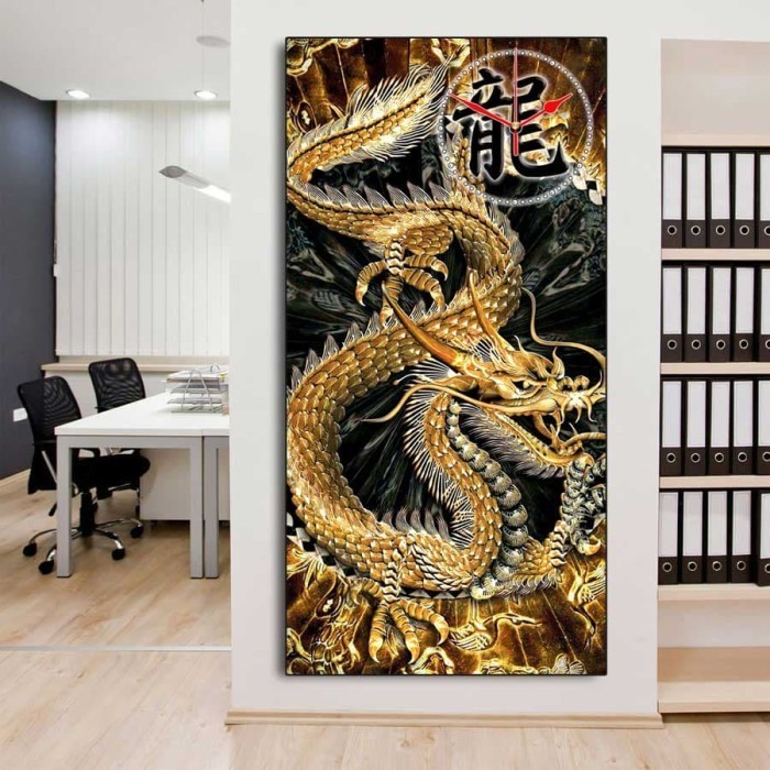 Jam Dinding Emas Dragon Naga / Wallart / Jam Dekorasi / Hiasan Dinding