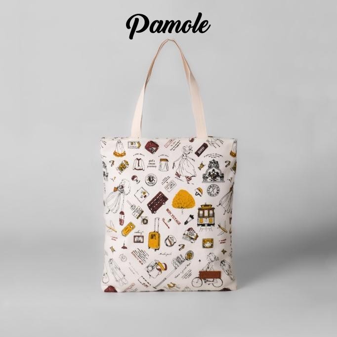 Pamole - Tote Bag Bahan Kanvas Penutup Resleting Full Furing
