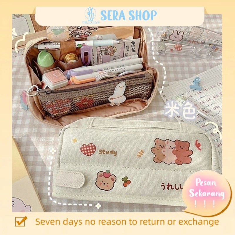 

☌■Sera Korea Kanvas Pensil Sederhana Kapasitas Besar Jepang Tas Alat Tulis Double-Layer Multi Fungsi Portabel Kotak Pensil untuk Pria dan Wanita