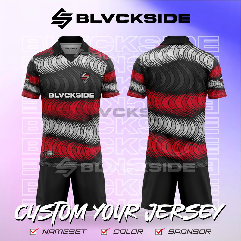 Jersey kelas Satuan futsal kerah retro vintage hitam merah putih sepakbola volley badminton gaming b