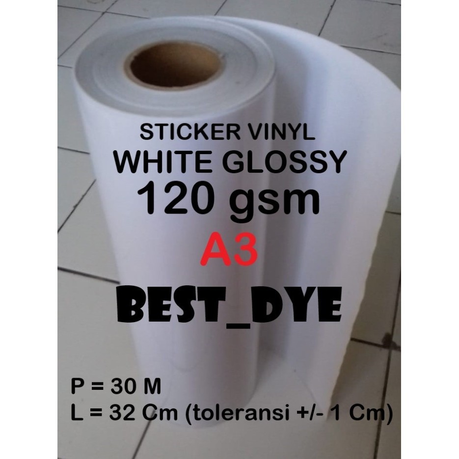 

Sticker Vinyl Inkjet 120 GR White Glossy, uk.A3= 32 Cm x 30 M, 1 Roll