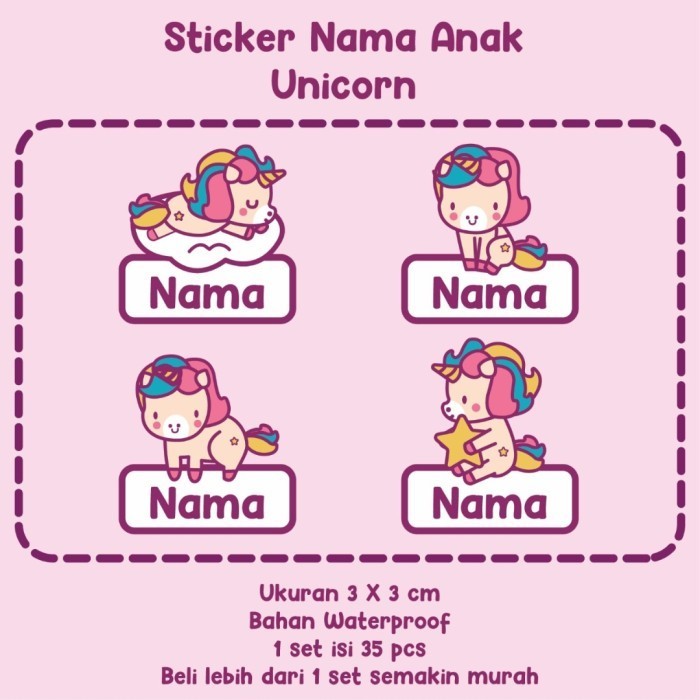 

stiker label nama anak unicorn waterproof high quality isi 35