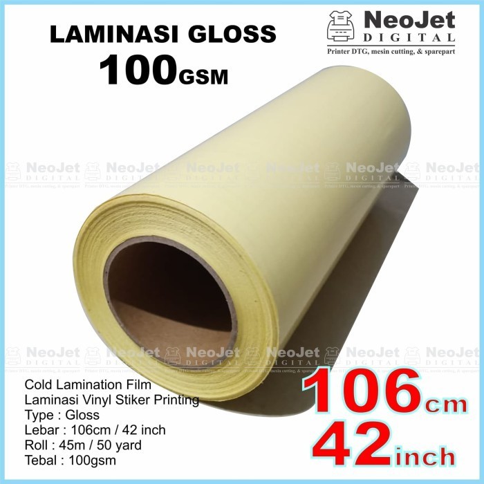 

Laminasi Dingin Gloss Kilap 100 gsm lebar 106 cm panjang 45m / 50 Yard