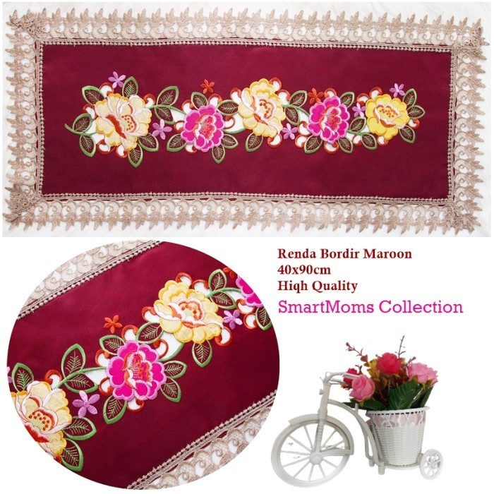 TAPLAK MEJA TAMU BORDIR PREMIUM / TAPLAK MEJA TAMU RENDA BORDIR MAROON