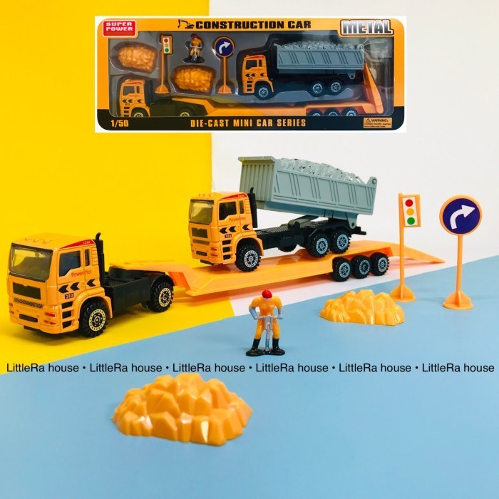 Mainan Truk Trailer Kontainer isi 3 Kendaraan Konstruksi Mainan Truk