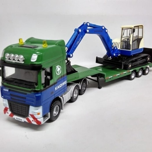 LOW LOADER WITH EXCAVATOR KDW Diecast Truck Miniatur Truk Trailer