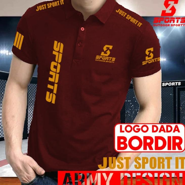 Sedang Promo...Polo Bordir Sport Gold Text Depan Bahu Justsportit / Logo Sablon / Baju Laki Laki Dew