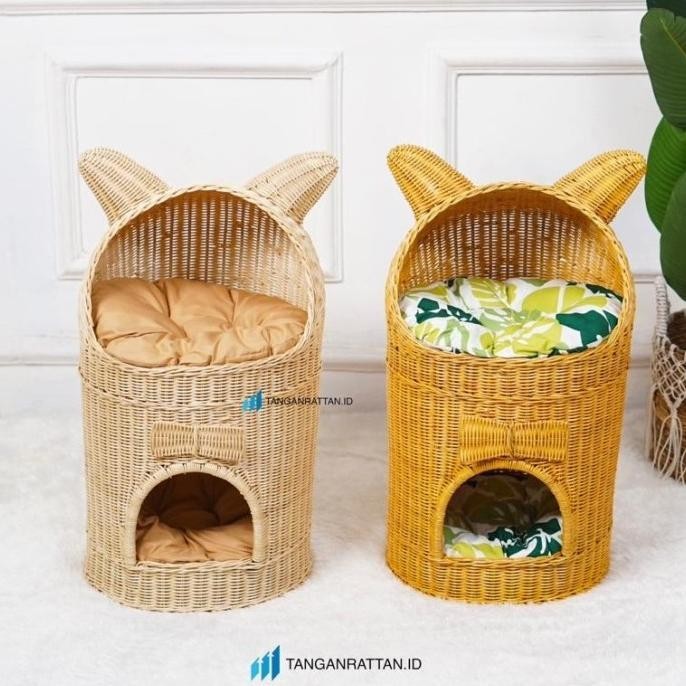 LIMIT RUMAH KANDANG KUCING DAN ANJING ROTAN MENARA TINGKAT 2 KASUR / SANTIDWI20