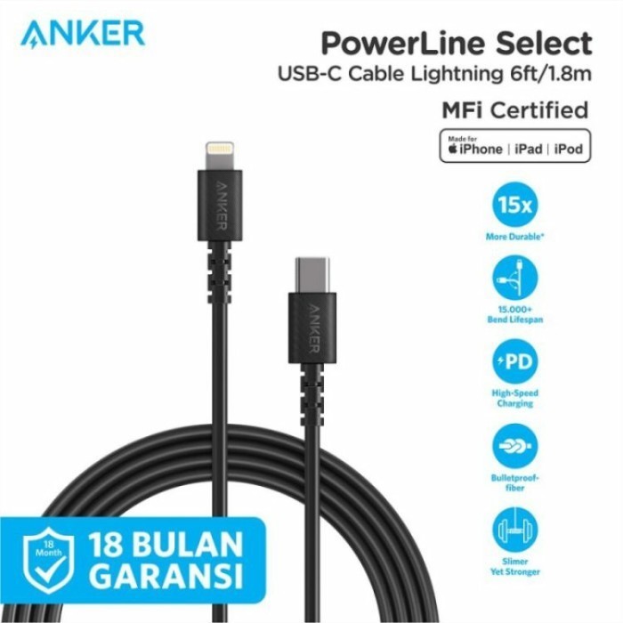 Kabel Charger Anker Powerline Select C To Lightning 6Ft -A8613 Bla