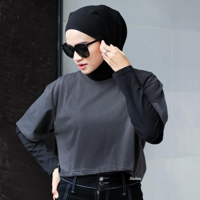 Jiniso Kaos Crop Top Oversize Basic Polos T-Shirt