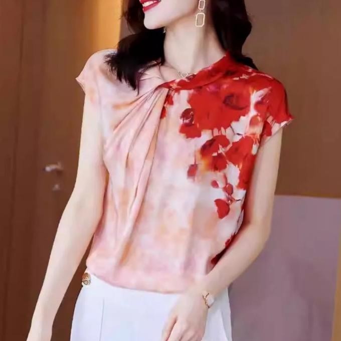 Blouse Baju Atasan Wanita Oriental Orange Red Blue Floral