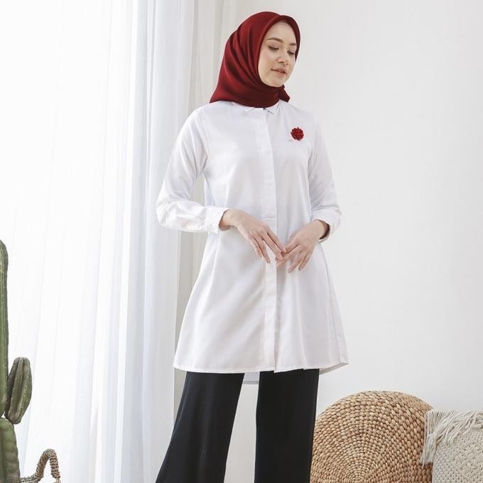 Baju Gamis Muslimah Model Terbaru Lebaran Kemeja Tunik Warna Putih