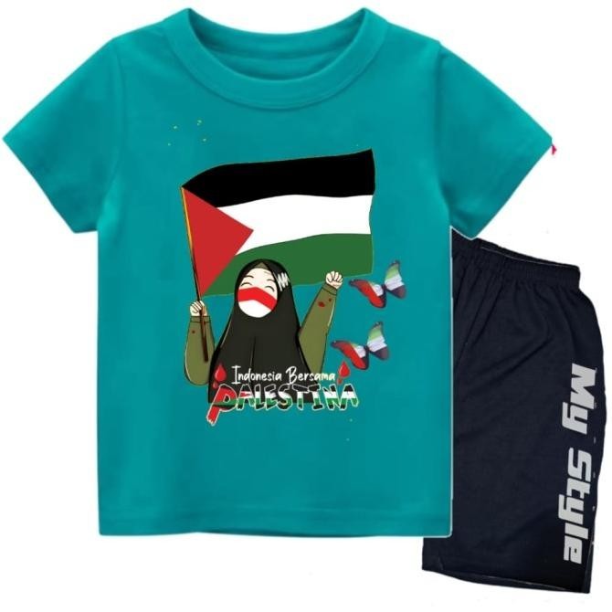 Stelan Baju Save Palestina Gaza Kaos Lengan Pendek Anak Cewek 1-11 Thn