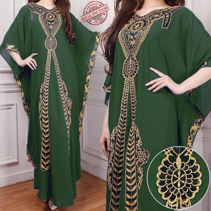 Kaftan Aisah Hijau Botol Baju Muslim Pesta Mewah Jumbo Murah Ait Ktf