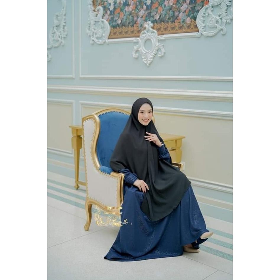 Gamis Hermosa Motif Flower Warna Navy/Gamis Biru Dongker Murah