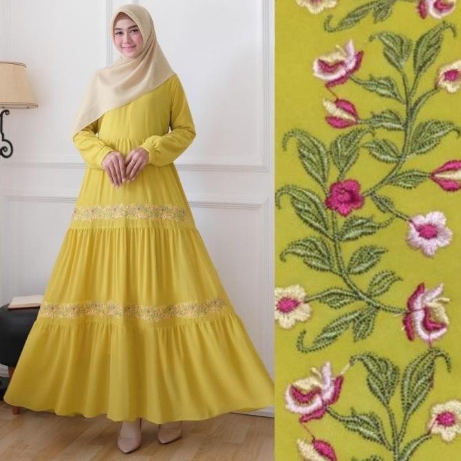 Baju Gamis Kuning Lemon / Maxi Gamis Polos / Gamis Ceruti Bordir Asli