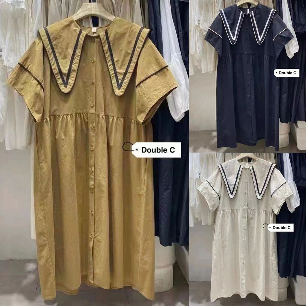 DRESS MIDI KATUN POPLIN KERAH COLLAR LANCIP HIGHWAIST KHAKI HITAM KREM