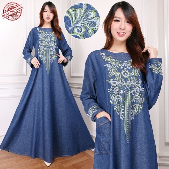 Maxi Dress Jumbo Jeans Rifka Gamis Bordir DiskonR33A