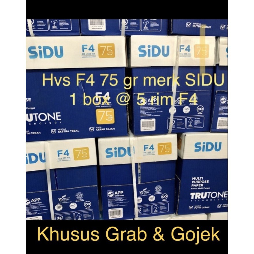 

Hvs F4 75 Gr , Merk Sidu " Sinar Dunia " ( Box ) Khusus Grab / Gojek