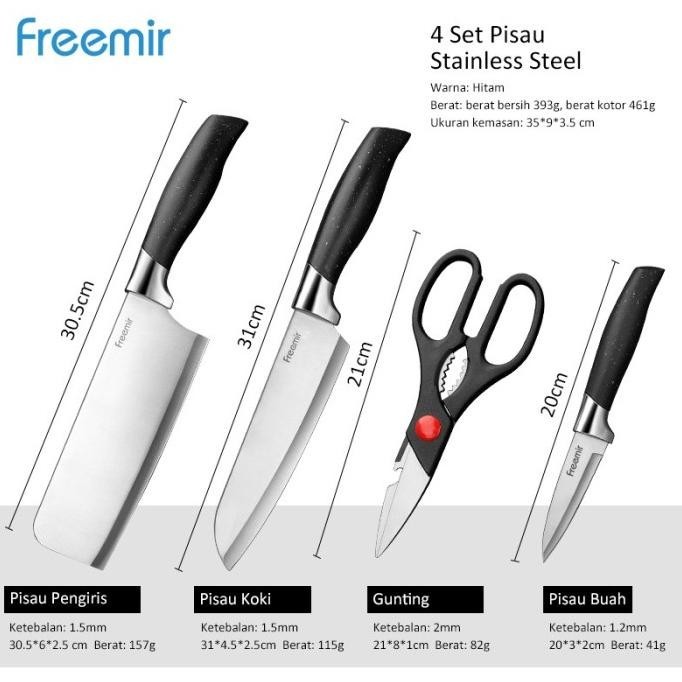 Freemir Set Pisau 4 Pcs Pisau Dapur Gagang Hitam Corak - Silver
