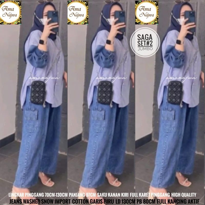Saga#2 One Set Setelan Celana Cargo Blouse Jeans Motif Salur Garis Ld 130 Super Jumbo Fit XXXL By Am